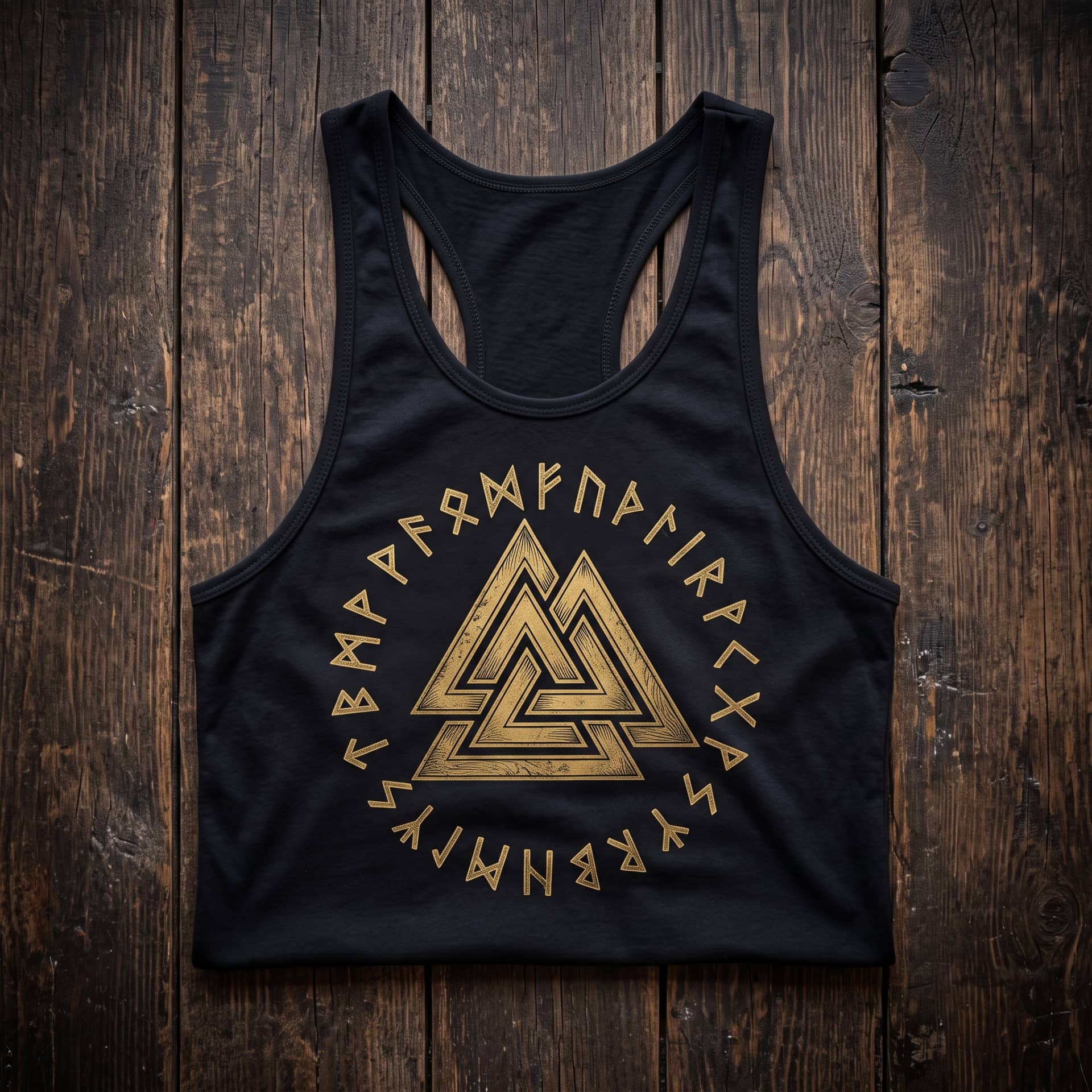 Débardeur de musculation viking noir, grand Valknut doré entouré de runes