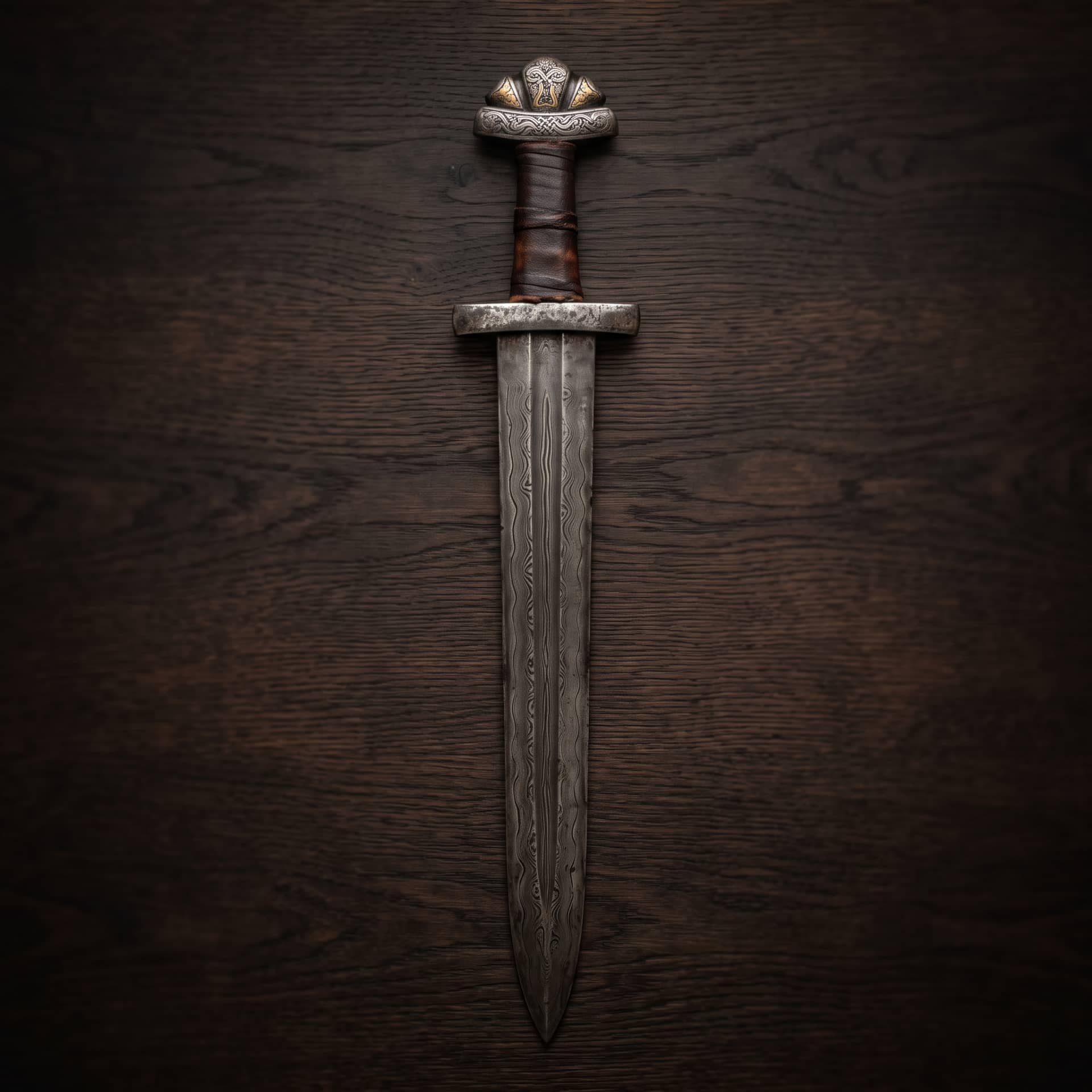 Épée viking en argent posée pointe vers le bas, lame ondée de corroyage et pommeau lobé incrusté d'or