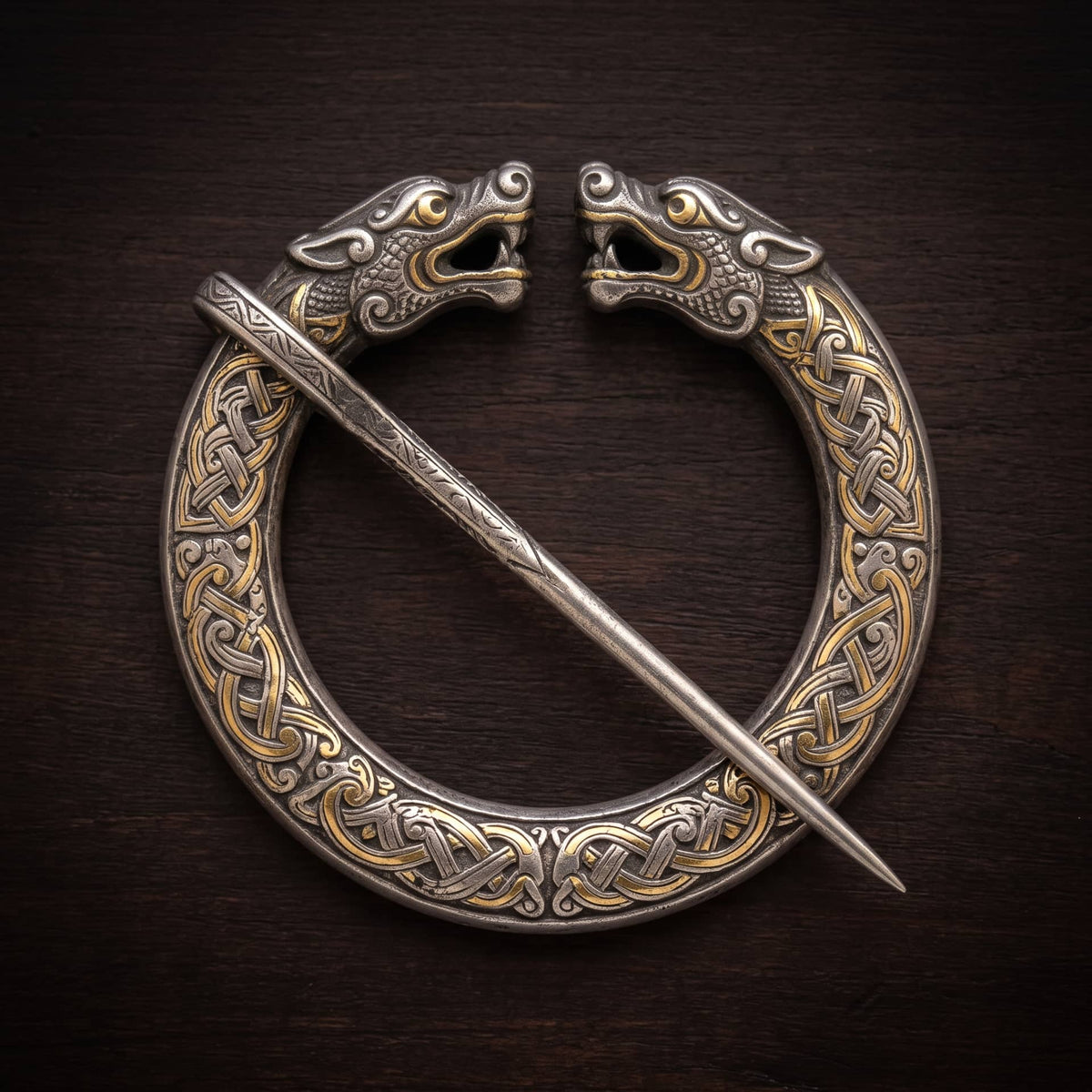 Fibule viking pénannulaire en argent gravée d'entrelacs, épingle traversante