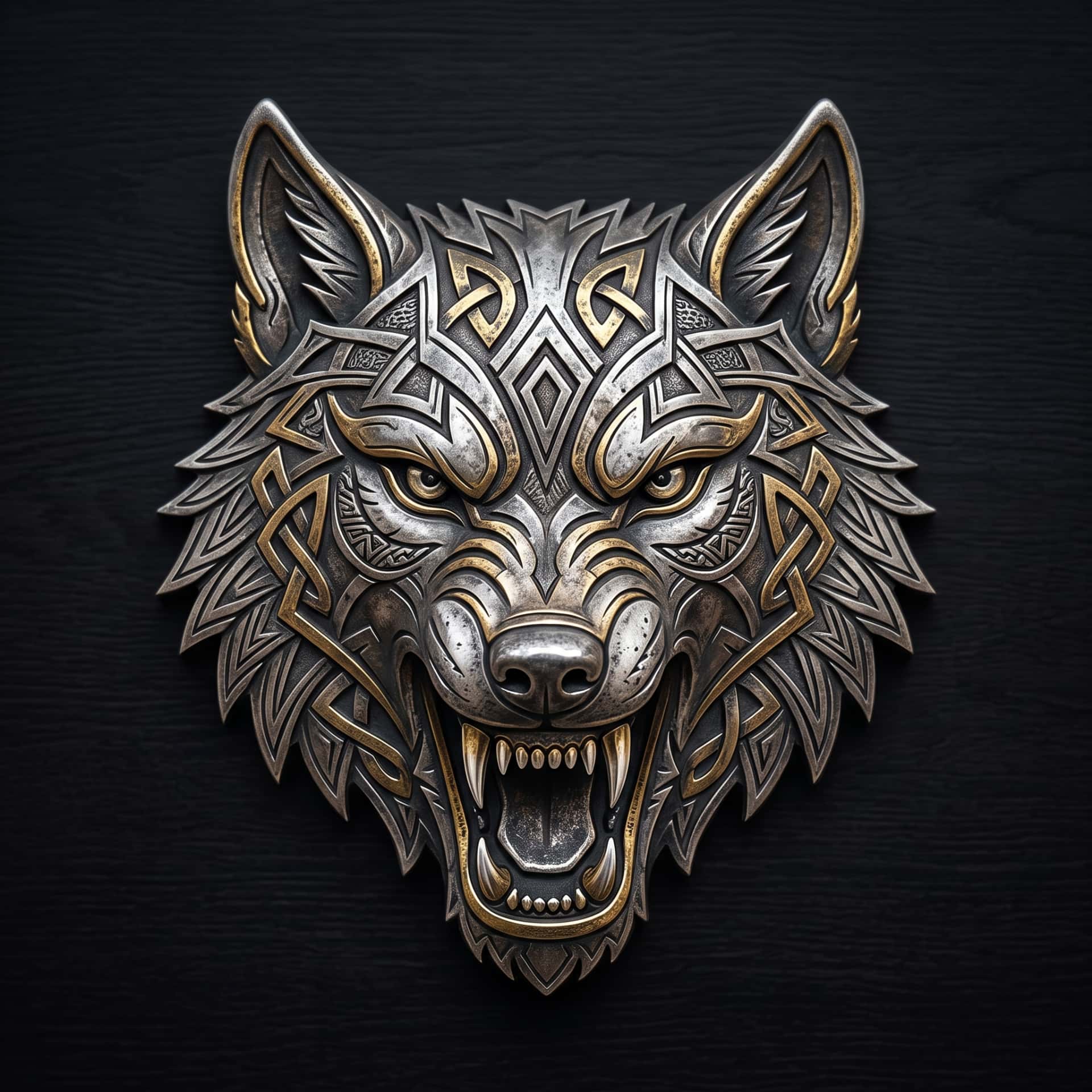 Tête du loup Fenrir de face, gueule ouverte, pelage gravé d'entrelacs nordiques
