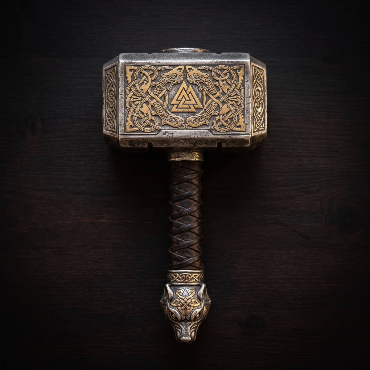 Marteau Mjölnir en argent, tête massive gravée d'entrelacs et manche court incrusté d'or