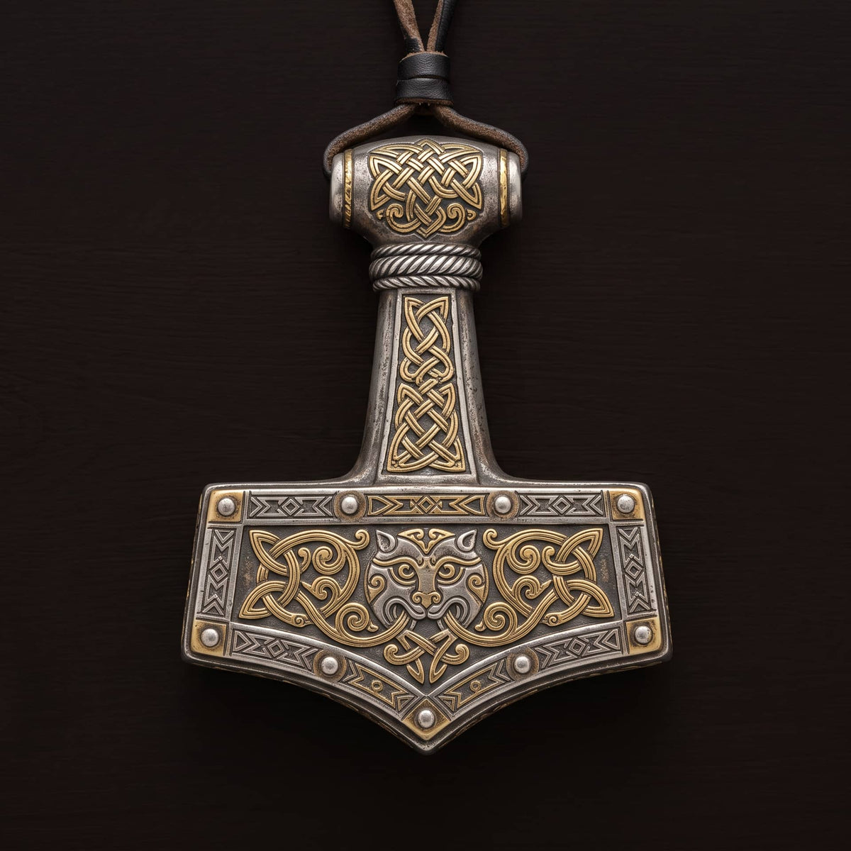 Marteau de Thor Mjölnir en argent gravé d'entrelacs nordiques, manche court et tête large