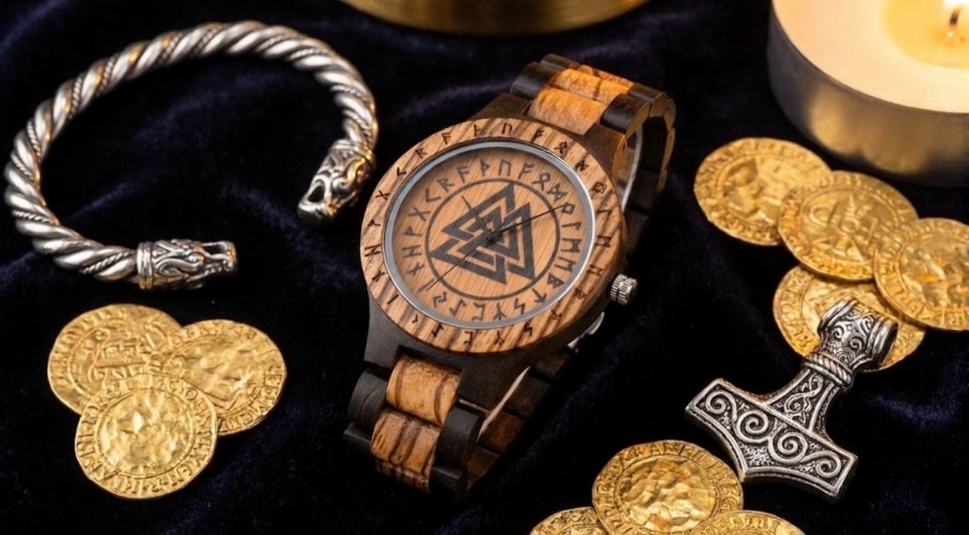 Montre viking en bois Valknut avec runes et bijou viking sur velours.