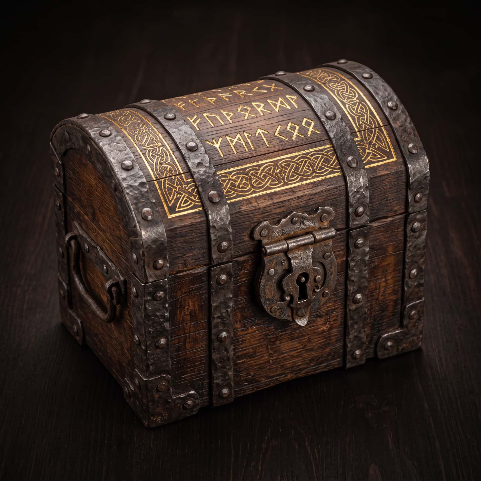 Coffre viking en bois cerclé de fer riveté, couvercle bombé gravé de runes dorées