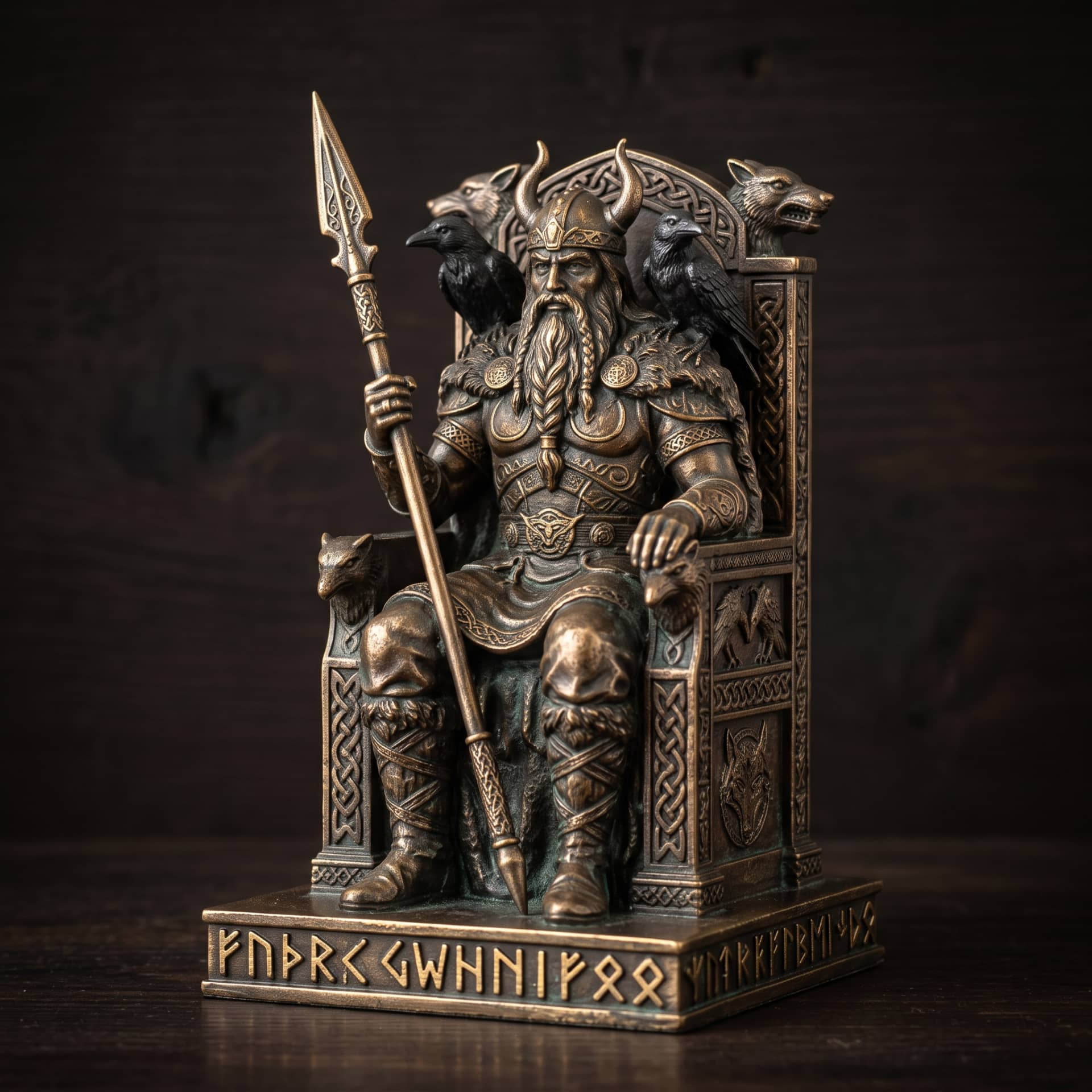 Statuette d'Odin en bronze patiné trônant avec ses deux corbeaux, socle runique