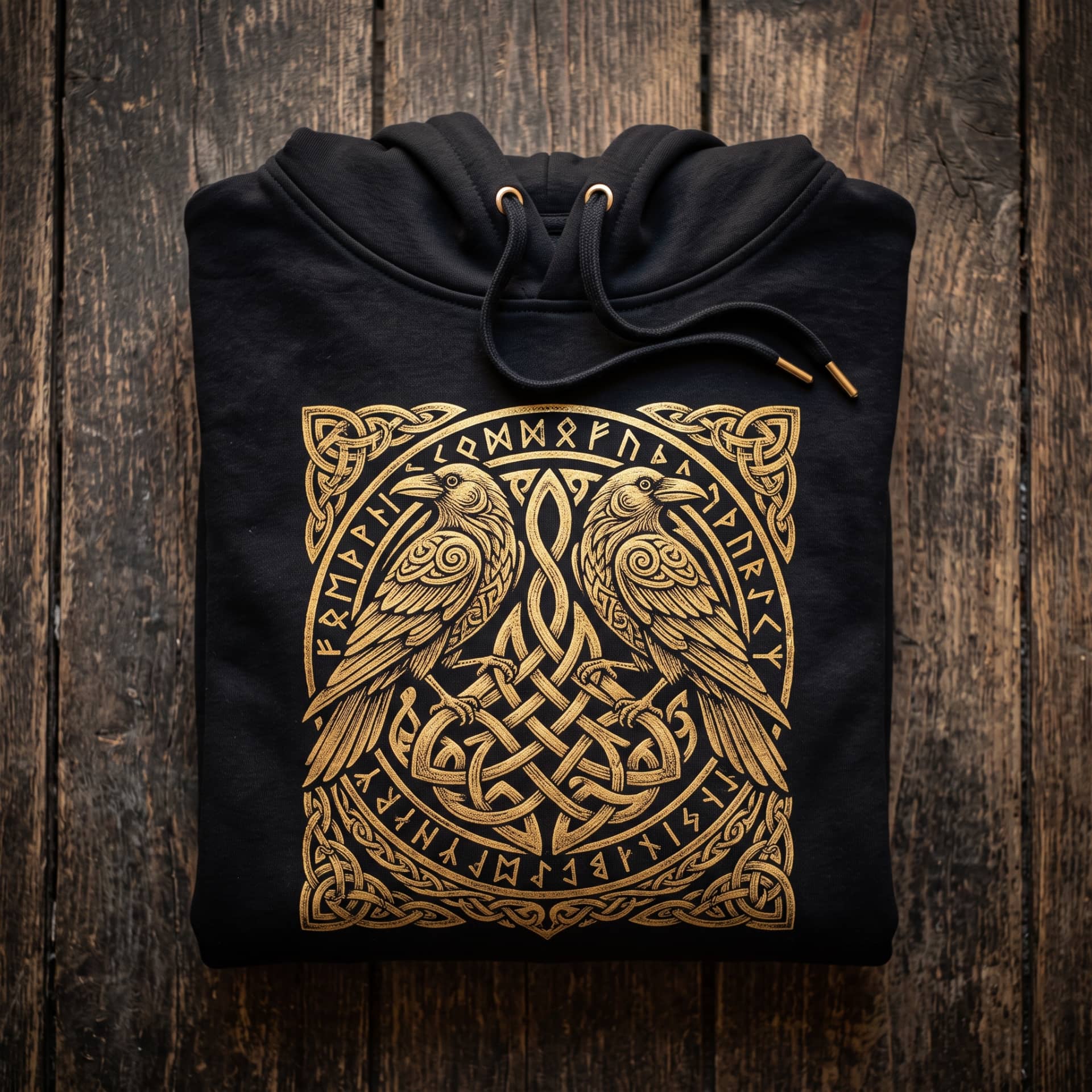 Sweat à capuche viking noir plié, grand motif de corbeaux d'Odin doré sur la poitrine