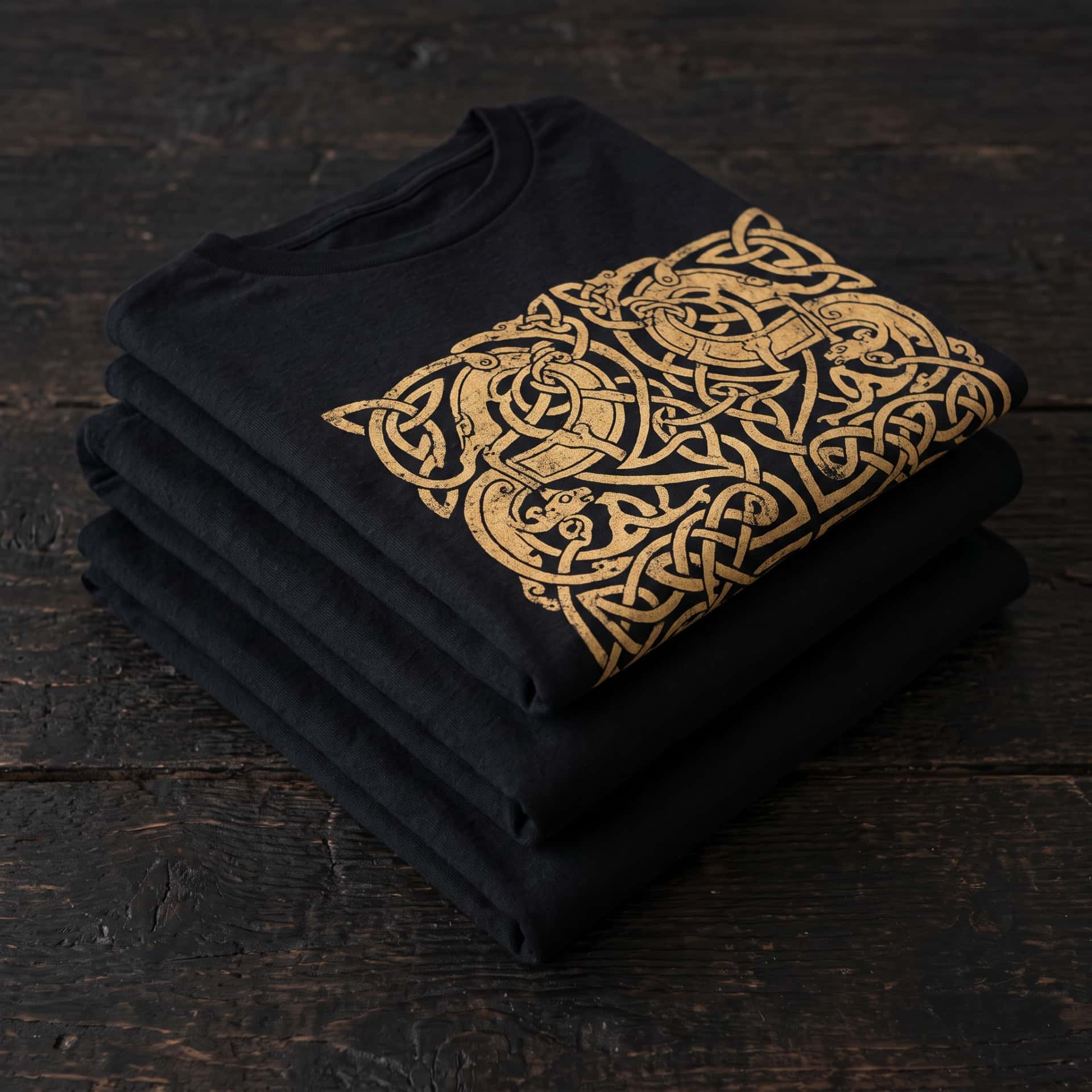 Pile de tee-shirts vikings noirs plies, entrelacs nordiques imprimes en or sur celui du dessus