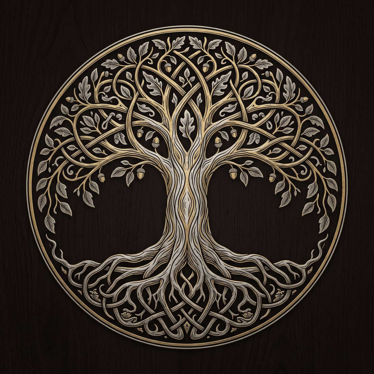 Yggdrasil l'arbre-monde inscrit dans un cercle, branches en haut et racines en miroir