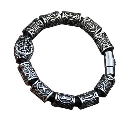 Bracelet viking perles runiques avec Vegvisir boussole argent antique
