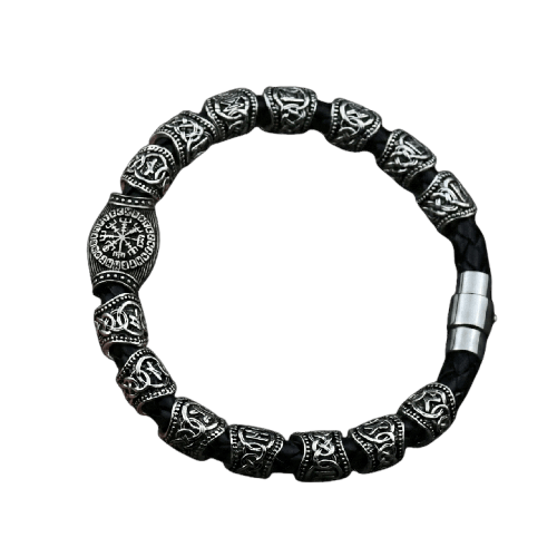Bracelet viking 15 perles runiques Futhark avec Vegvisir central argent antique
