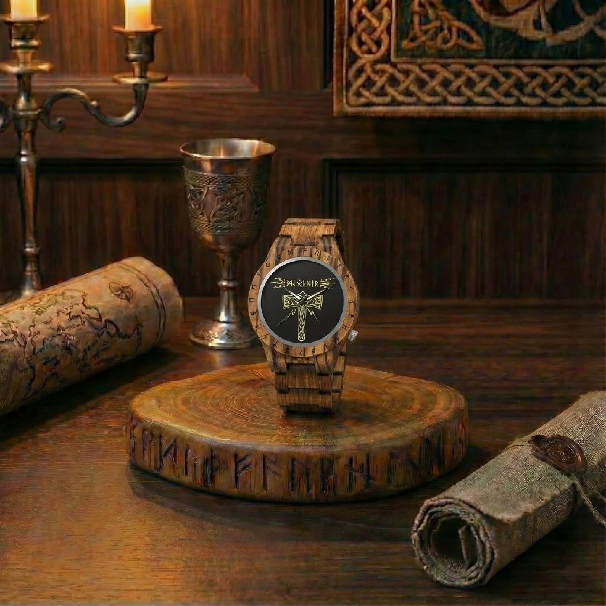 Montre Mjölnir en bois zébré posée dans un décor médiéval. Un bijou viking robuste évoquant la puissance de l'orage et de Thor.