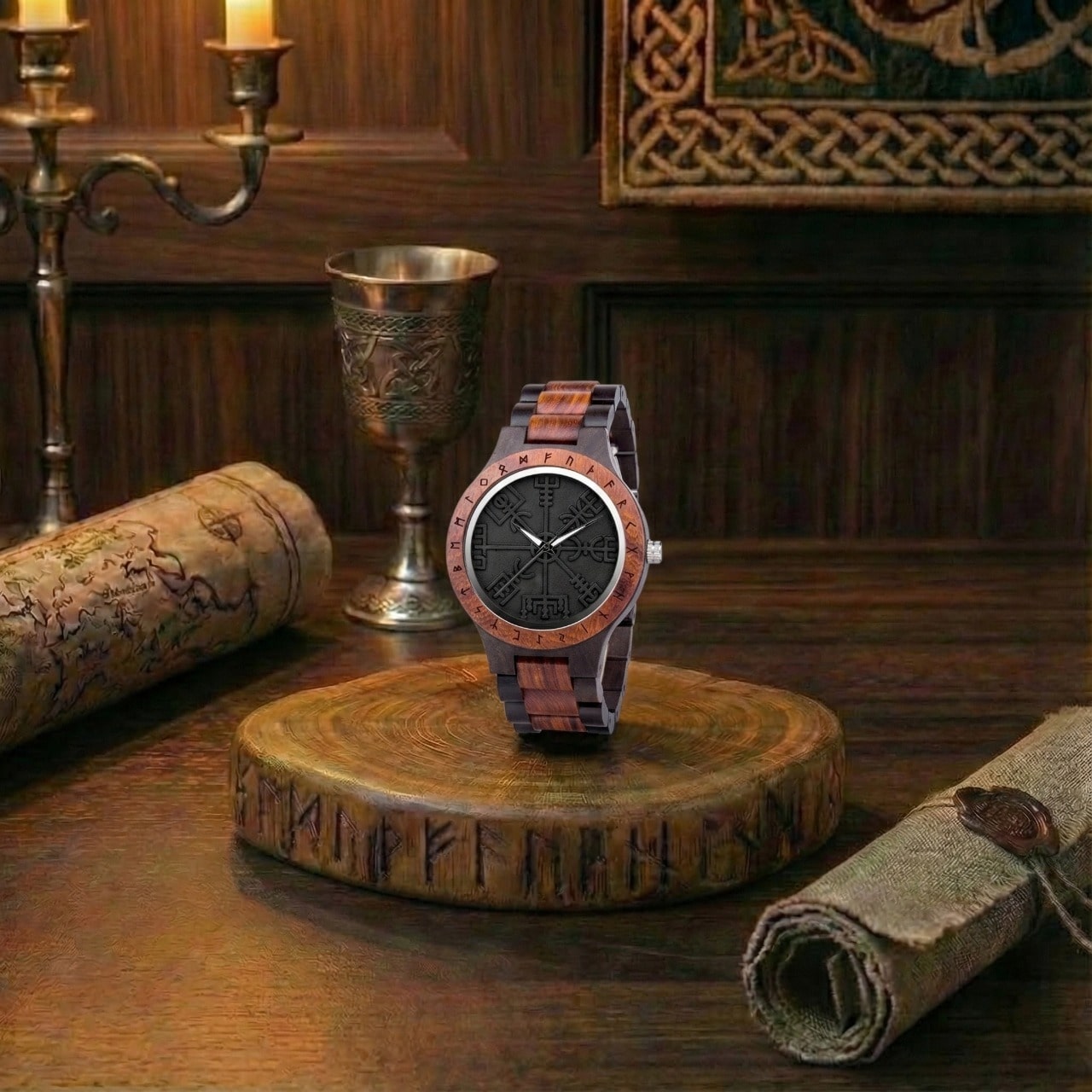 Montre viking en bois rouge et noir, Le Souffle de Muspelheim, posée sur un socle runique dans un décor chaleureux. Un bijou viking au caractère de feu.