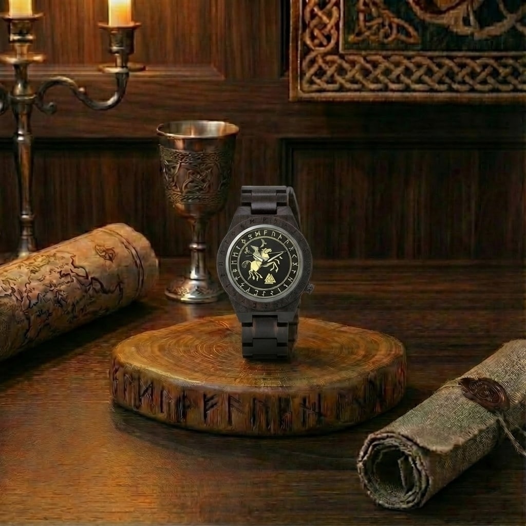 Montre Odin en bois noir posée sur un socle runique dans une ambiance mystique. Un bijou viking sombre évoquant l'appel du Valhalla et la puissance des dieux.
