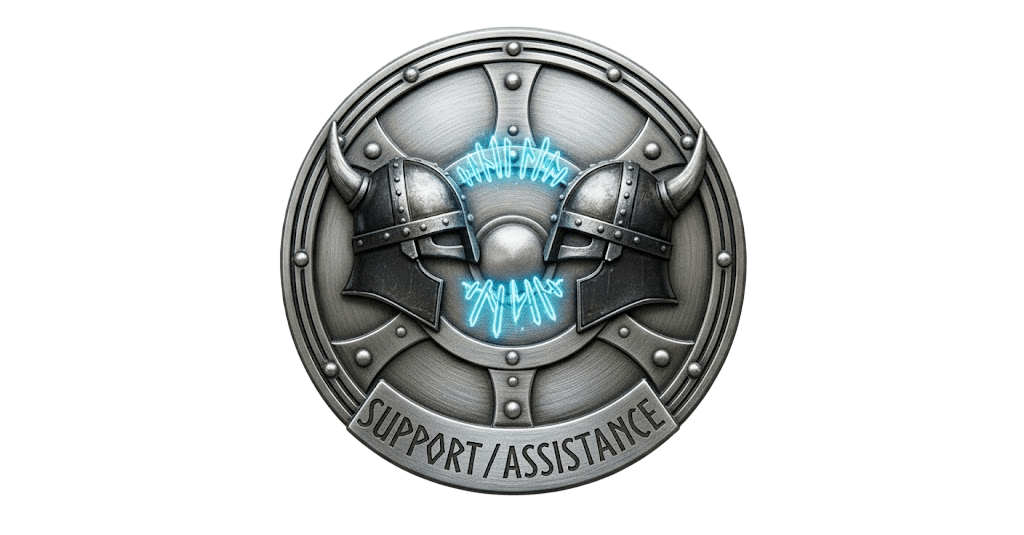 Badge de confiance SUPPORT / ASSISTANCE montrant deux casques vikings face à face, garantissant une aide réactive de la part de notre équipe.