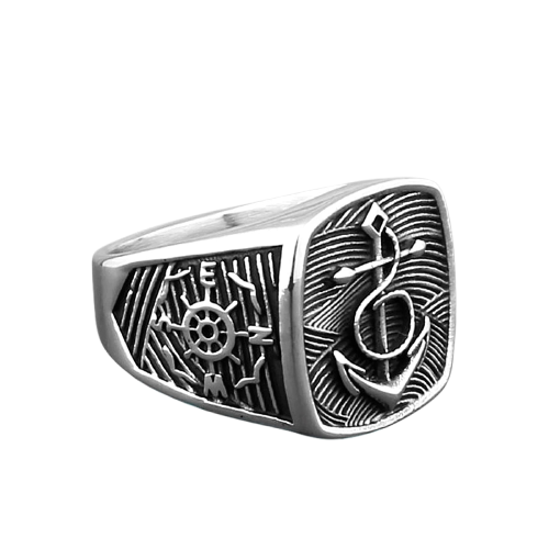 Bague viking chevaliere ancre et compas marin graves en acier inoxydable