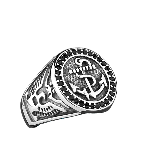 Bague viking chevaliere ancre marine avec pierres noires en acier inoxydable