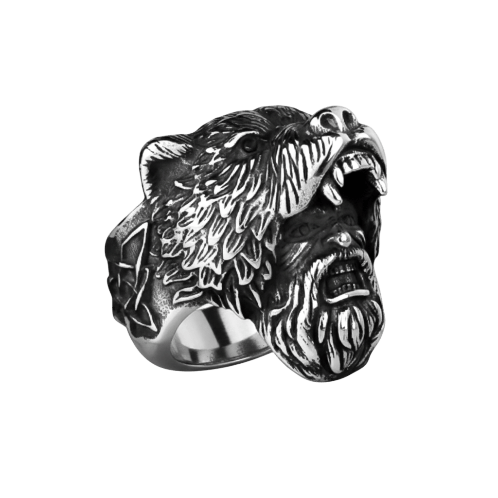 Bague viking chevaliere tete ours berserker sculpture 3d en acier inoxydable.