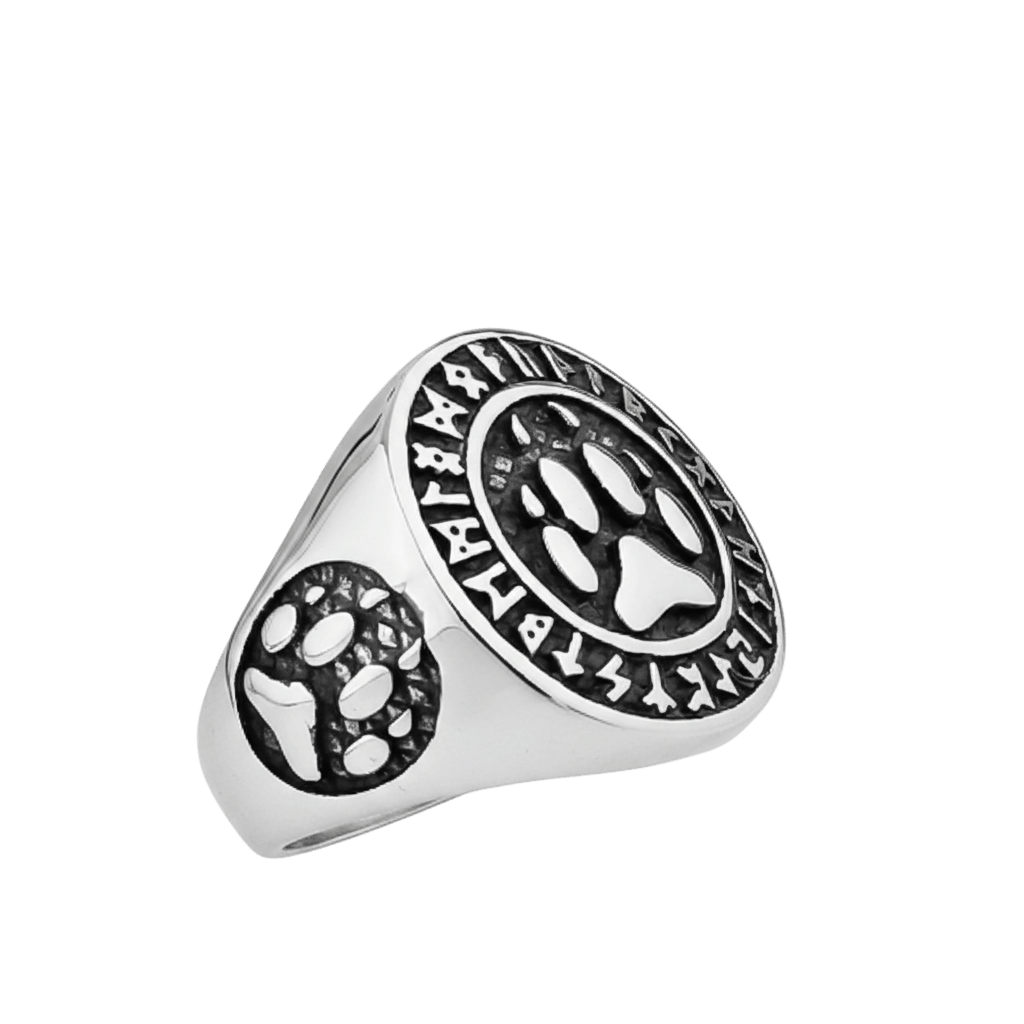 Bague viking chevaliere patte ours avec runes futhark en acier inoxydable.