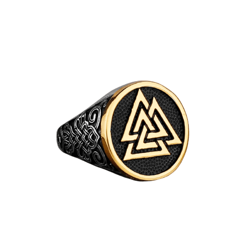 Bague viking chevaliere valknut doree avec entrelacs celtiques noirs en acier inoxydable.