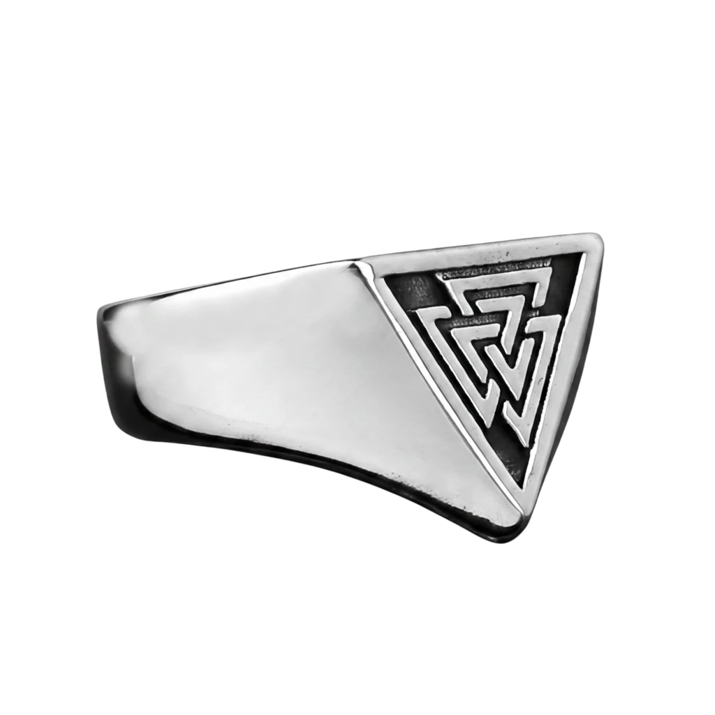 Bague viking chevaliere valknut triangulaire en acier inoxydable poli minimaliste