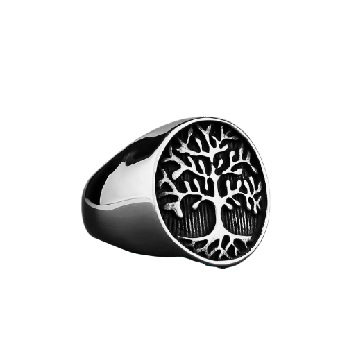 Bague viking chevaliere yggdrasil arbre de vie design epure en acier inoxydable poli