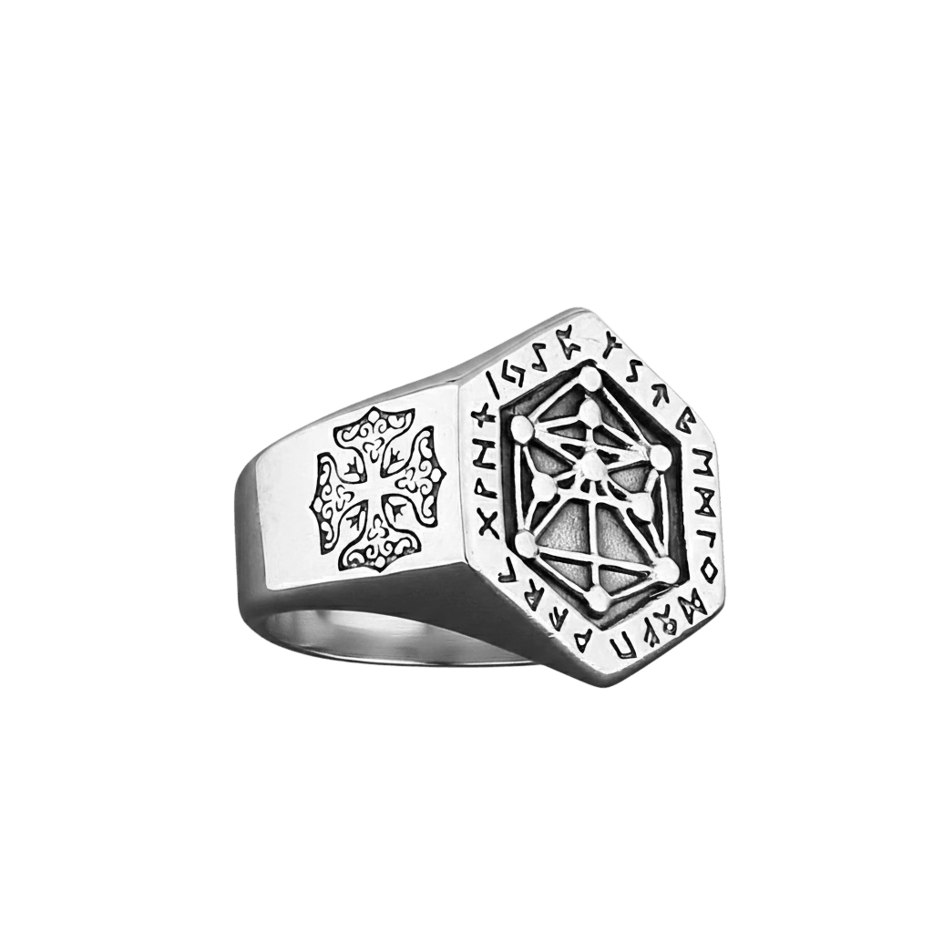 Bague viking chevaliere hexagonale yggdrasil arbre de vie avec runes en acier inoxydable.