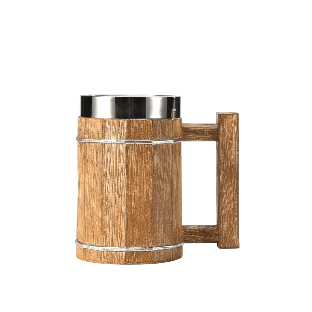 Chope viking 600ml imitation bois clair naturel avec anse géométrique rectangulaire. Mug isotherme grande capacité.