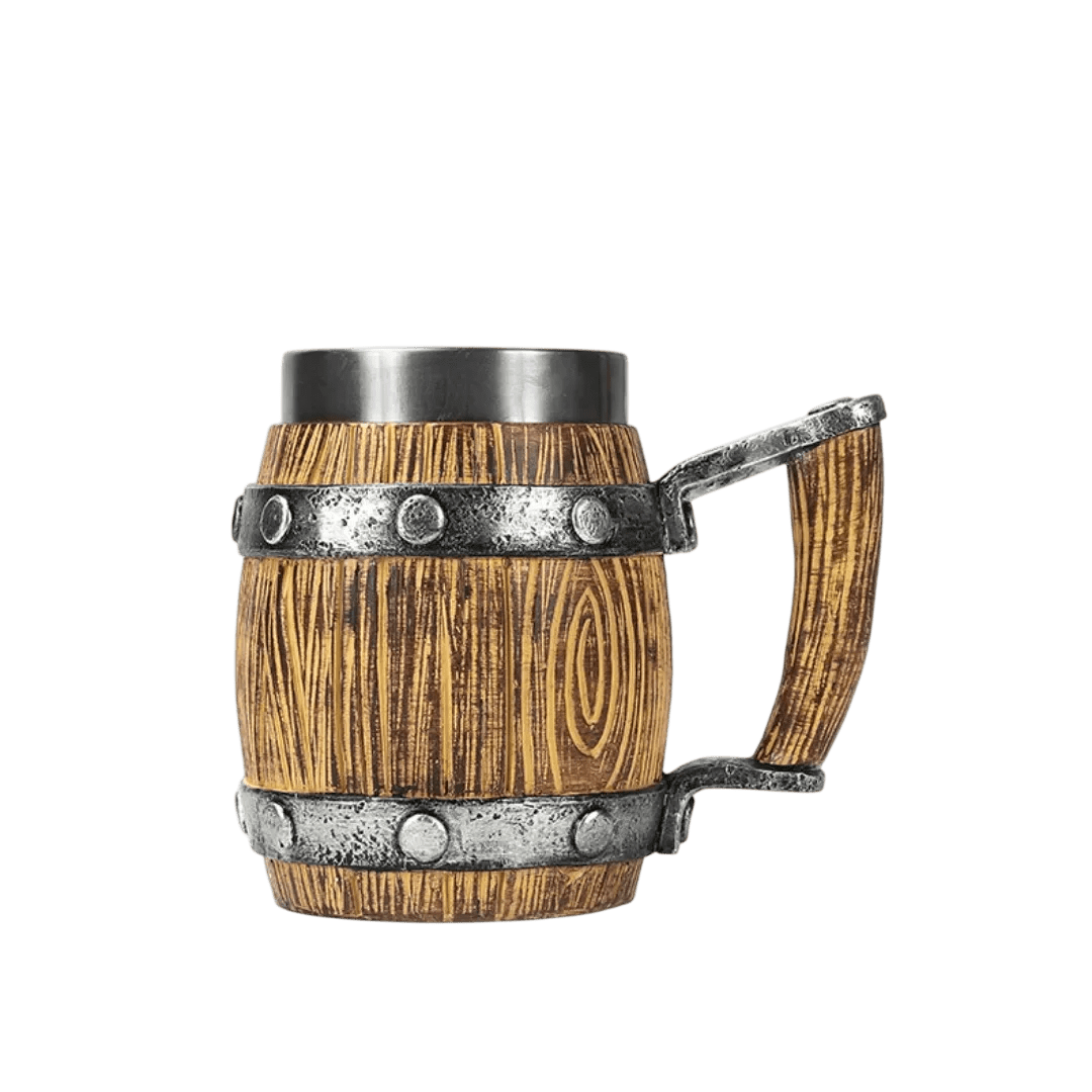 Chope viking forme tonneau bombé imitation bois noueux rustique. Grande capacité 600ml avec intérieur acier inoxydable.