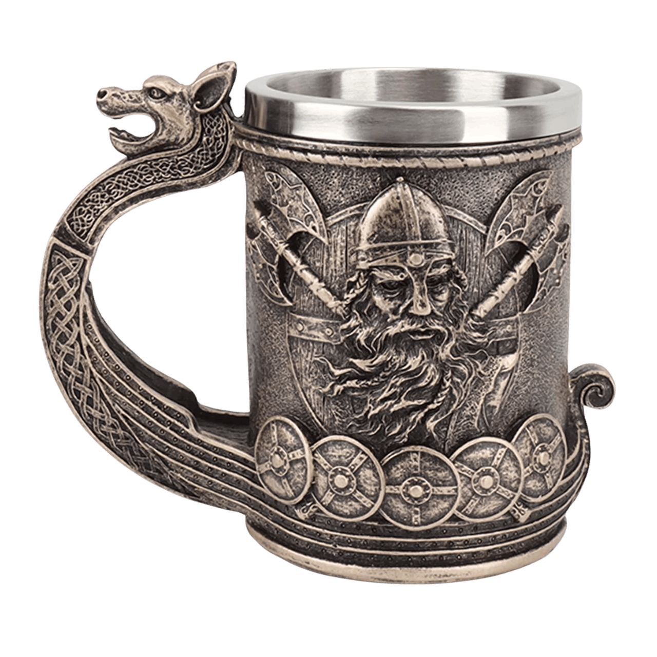 Chope viking acier inoxydable grande capacite avec resine sculptee motifs nordiques - Le Comptoir Viking