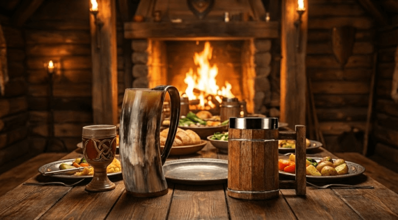 Assortiment complet de chopes vikings, mugs tonneaux en bois et cornes à boire sur une table de banquet médiéval. Trouvez l'accessoire idéal pour accompagner votre bijou viking chez Le Comptoir Viking.