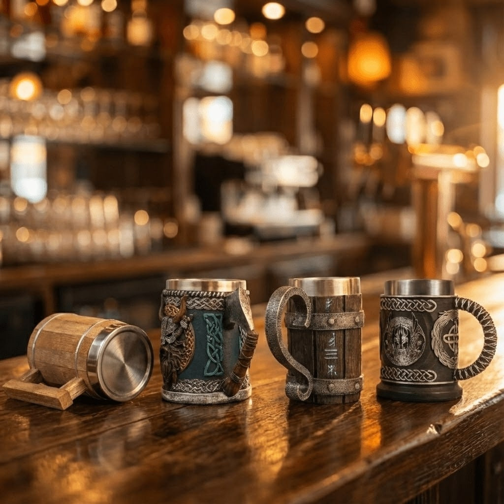 Alignement de quatre chopes vikings sur un comptoir de bar en bois. De gauche à droite : mug tonneau clair, chope guerrier hache, chope runes bleues et calice Odin.