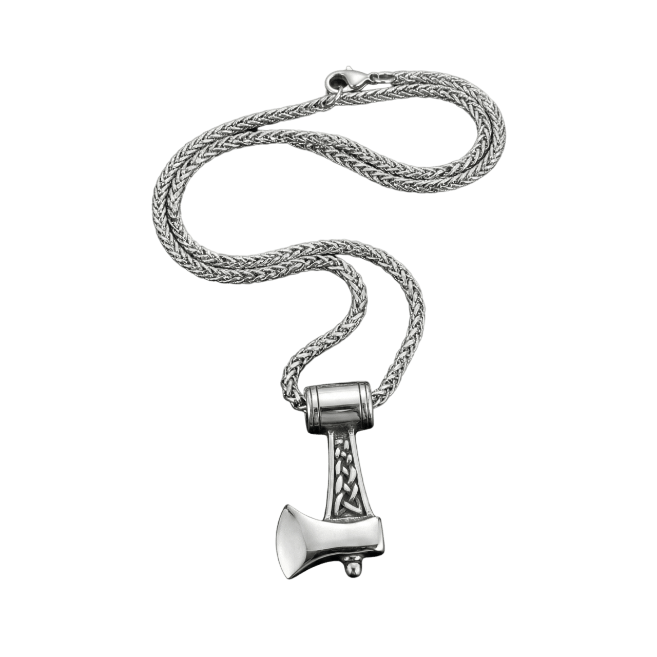 Collier viking pendentif hache de guerre avec entrelacs celtiques en acier inoxydable argente.