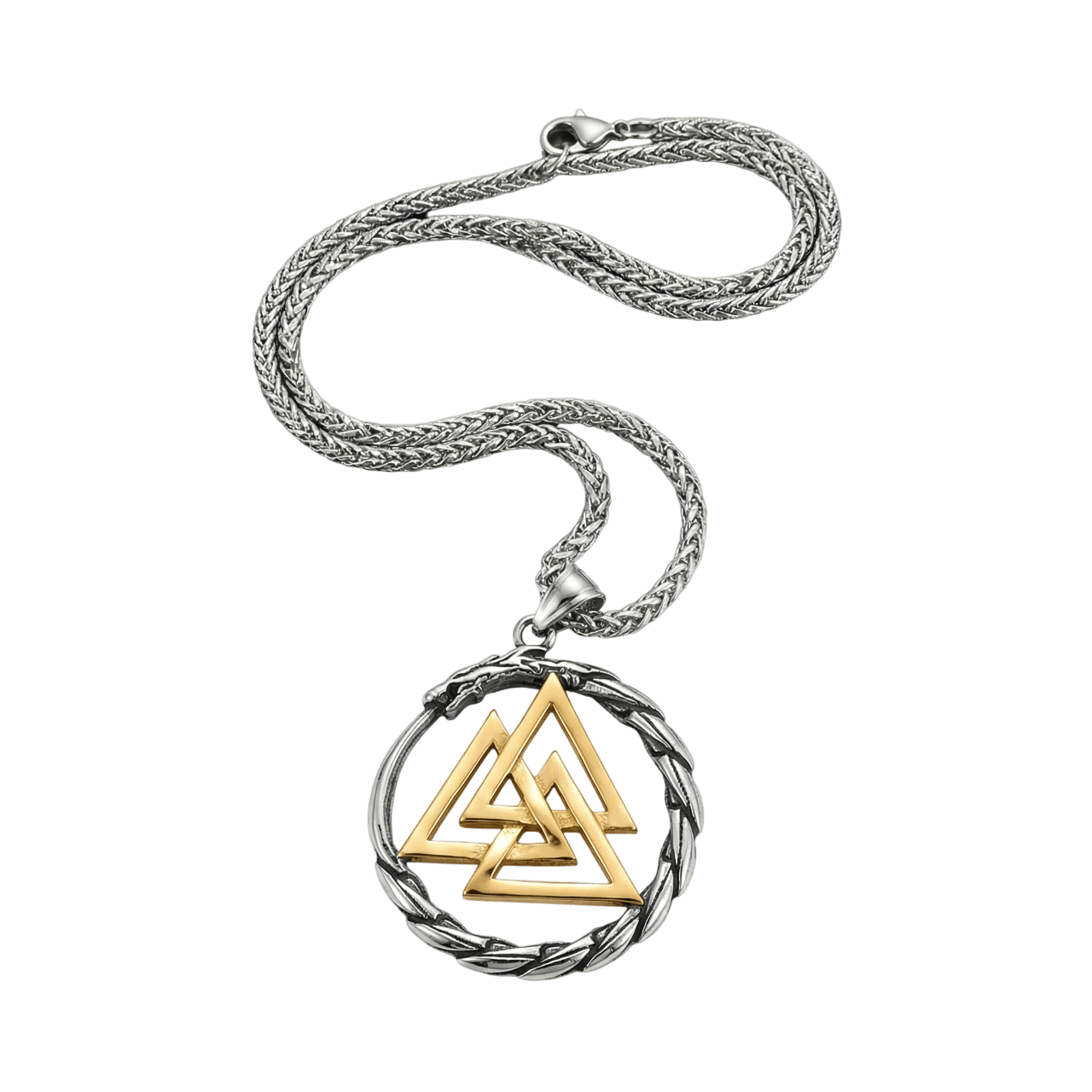 Collier viking pendentif valknut dore dans cercle dragon ouroboros en acier inoxydable.