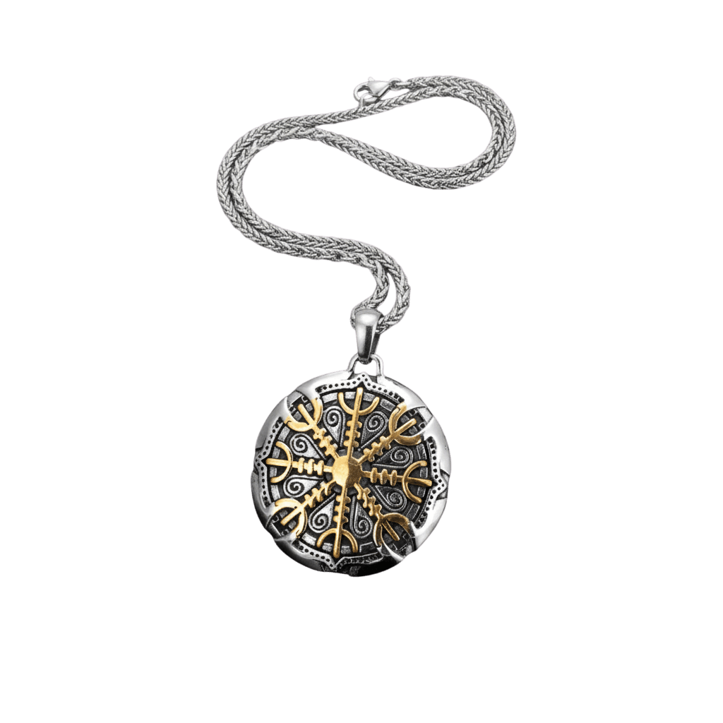Collier viking pendentif rond vegvisir boussole nordique avec runes futhark en acier dore.
