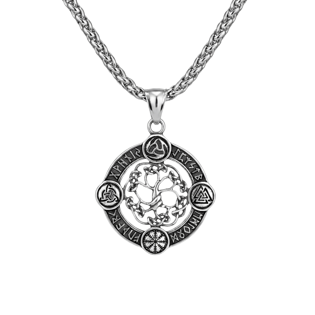 Collier viking pendentif yggdrasil arbre de vie avec symboles valknut vegvisir et runes en acier