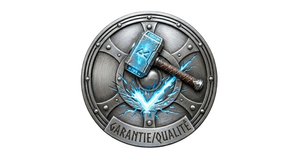 Badge en métal orné du marteau de Thor Mjölnir avec la mention GARANTIE / QUALITÉ pour chaque bijou viking du clan.