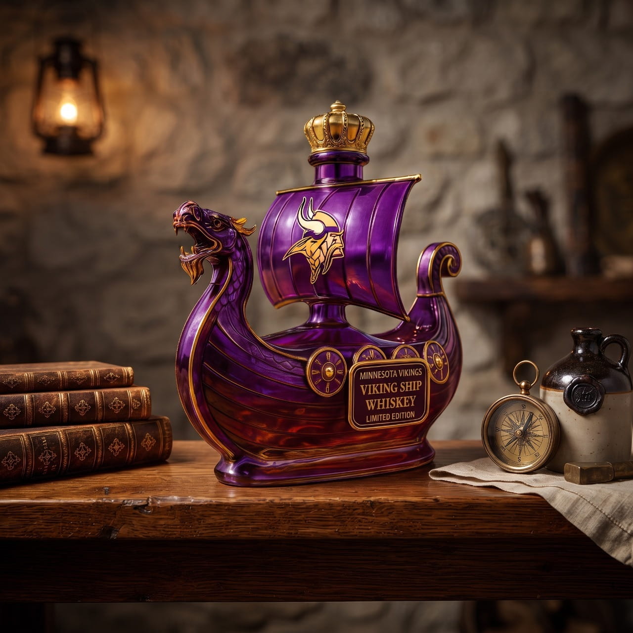 Carafe drakkar violette et or à proue de dragon, posée sur une table d'auberge en pierre, bouchon couronne doré