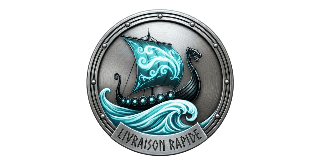 Icône de drakkar viking naviguant avec le texte LIVRAISON RAPIDE pour l'expédition de vos accessoires nordiques.