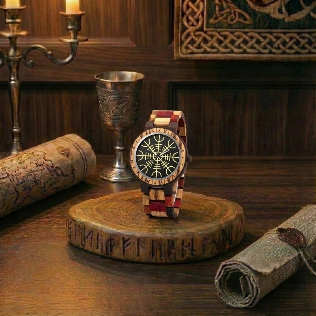 Montre viking en bois multicolore posée sur un socle gravé de runes, entourée d'un calice et de parchemins anciens. Une mise en scène nordique pour cette amulette viking.