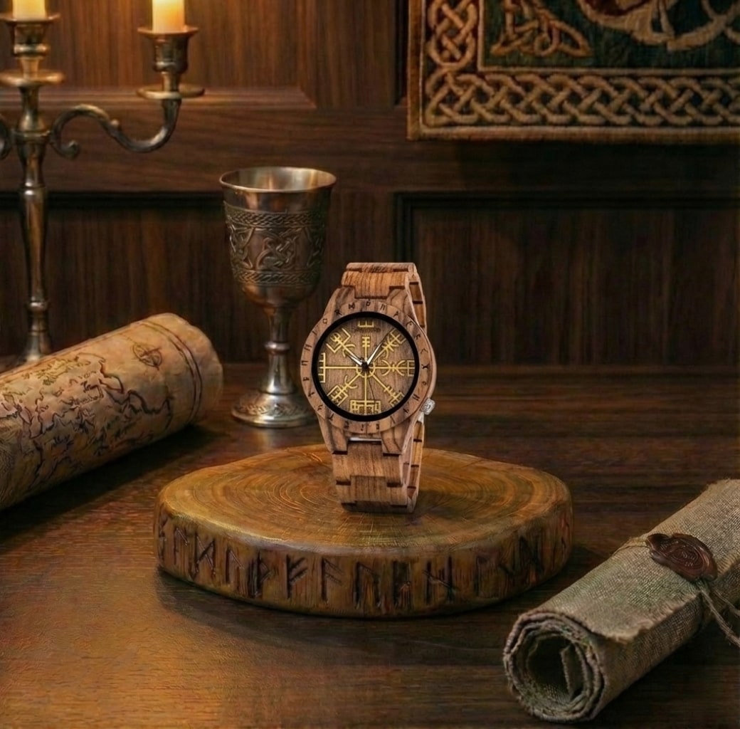 Montre viking en bois clair et boussole Vegvisir posée sur un socle runique dans un décor d'exploration avec carte ancienne et calice.