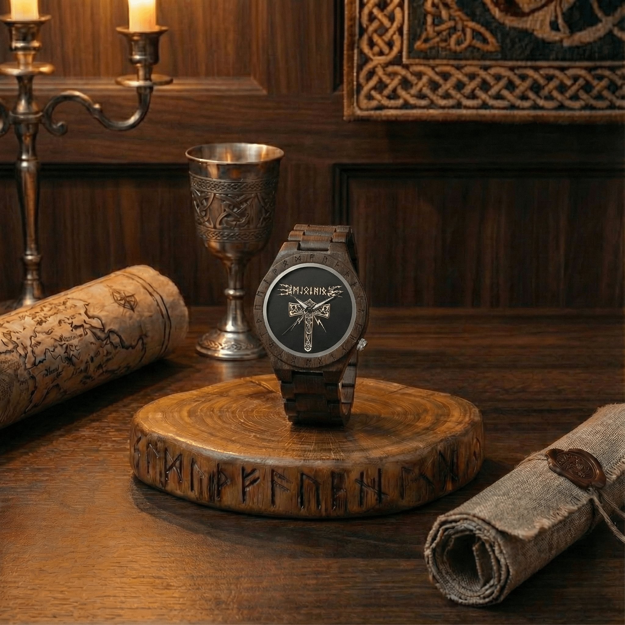 Montre viking en bois sombre avec cadran Marteau de Thor Mjölnir, mise en scène dans un décor nordique avec parchemin et runes. Un bijou viking robuste et symbolique