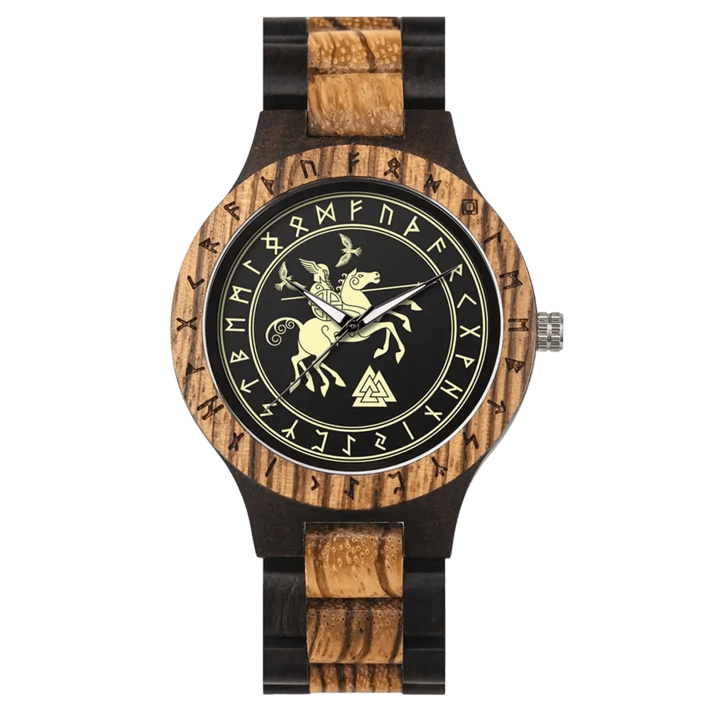 Montre Viking en bois duo (bicolore noir et zébré). Cadran noir avec gravure dorée d'Odin sur Sleipnir. Modèle Alliance Ombre et Lumière.