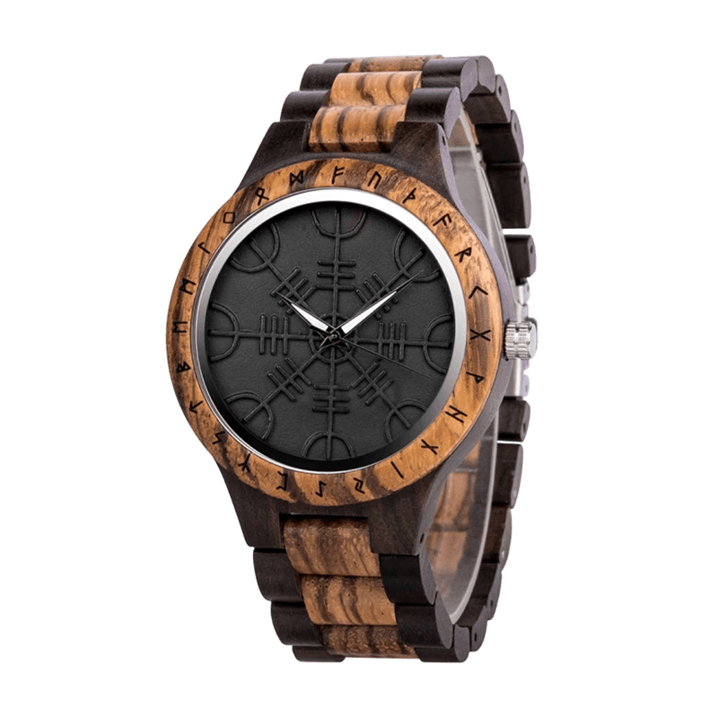 Montre Viking en bois bicolore sombre avec cadran noir. Symbole Vegvisir (boussole) en relief noir mat pour un style furtif Black Edition.