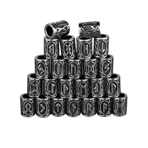 Set 24 perles viking runes futhark pour barbe et cheveux en acier argente