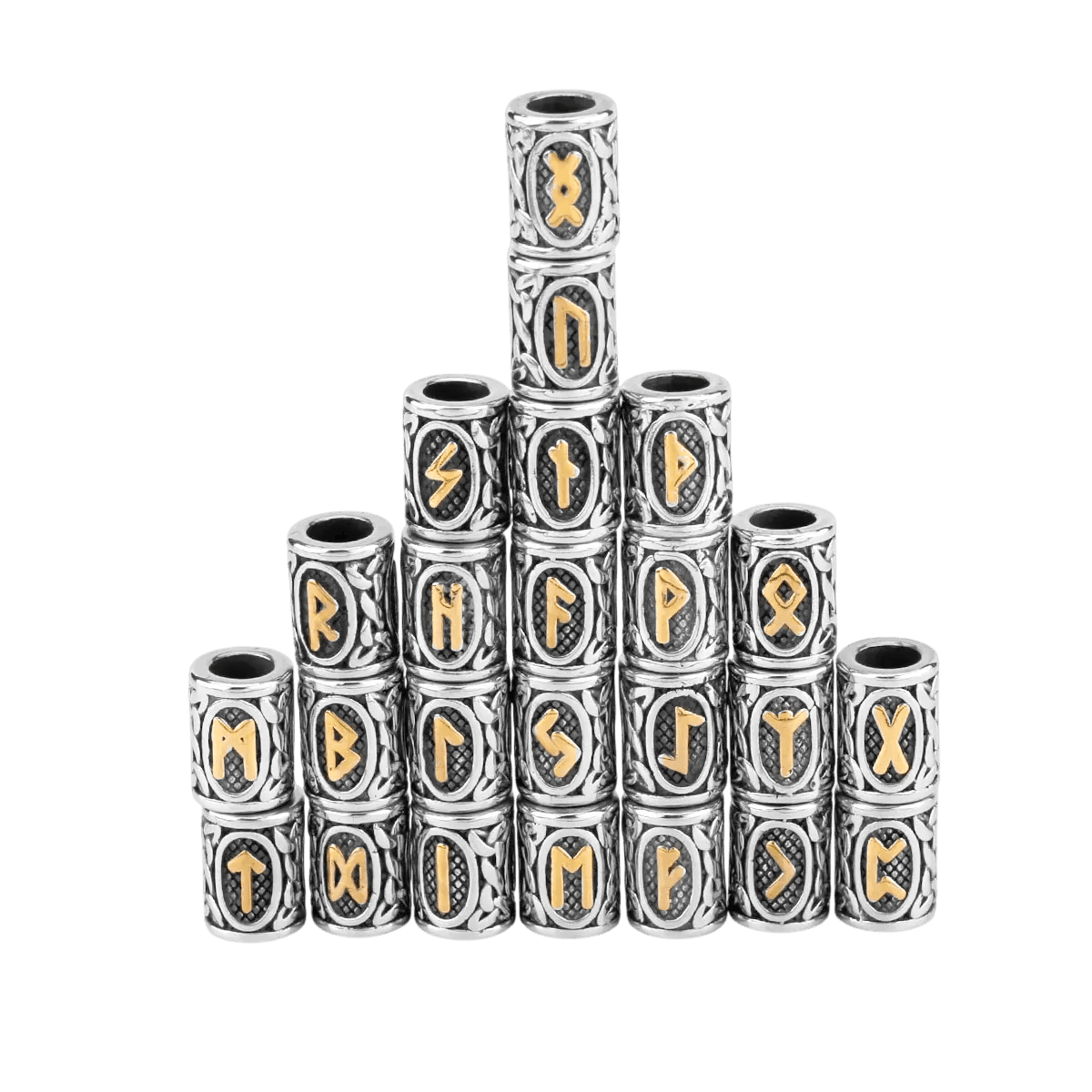 Set 24 perles viking runes futhark pour barbe et cheveux en acier dore