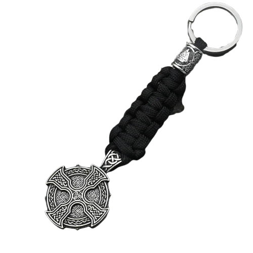 Porte-cles viking croix celtique noeud avec perles runiques corde tresse