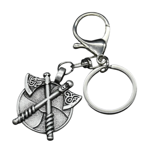 Porte-cles viking double hache guerrier en acier finition antique
