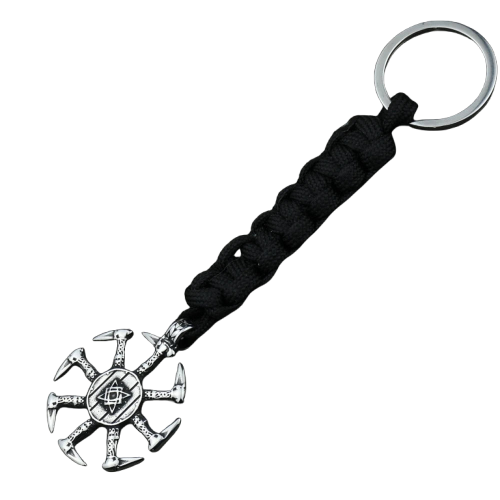 Porte-cles viking Kolovrat avec runes en acier inoxydable argent antique