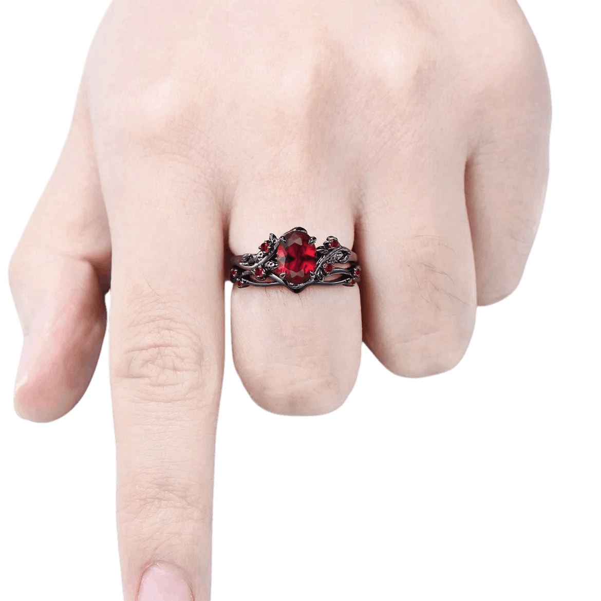 Bague viking set 2 pièces zircon cristal rouge acier noir et or vue 2