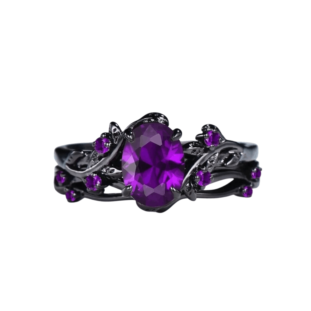 Bague viking set 2 pièces zircon cristal violet acier noir et or